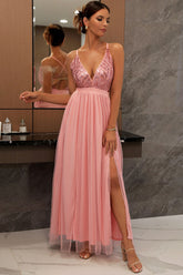 Robe longue de soirée à paillettes scintillantes, décolleté plongeant en V, dos nu et fente haute - Rose